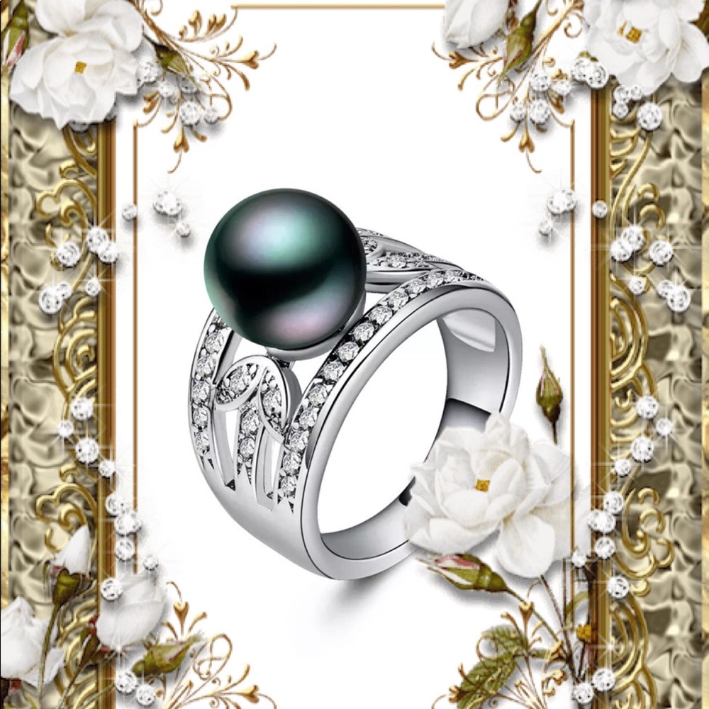 Black Tahitian Pearl 925 Silver Filigree Ring